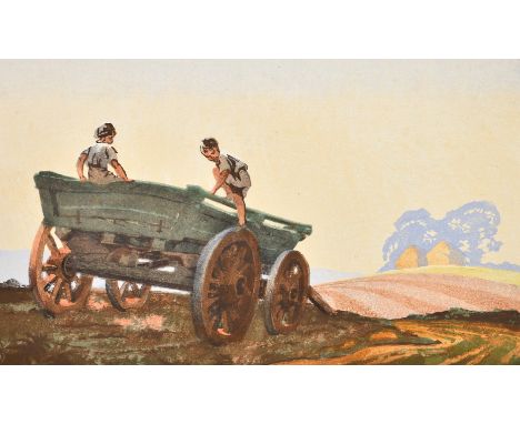 Patience Galloway (Early 20th Century), children playing on a wagon, colour woodcut, signed in pencil, 10" x 15" (25 x 38cm),