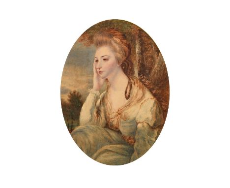 19th Century English School, a portrait of a lady seated outdoors, watercolour, 8.5" x 6.5" (21.5 x 16cm) oval.