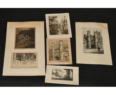 E. M. Synge, two pencil signed etchings of rustic scenes in a common mount and a small collection of etchings by other hands,