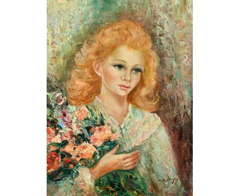 Anna de Banguy (20th Century) French School, portrait of a female figure holding flowers, oil on board, 22" x 17" (56 x 43cm)