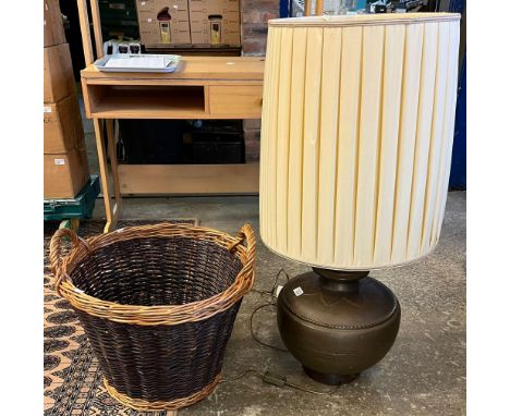Two handled wicker basket together with a bronzed metal baluster table lamp with shade.  (B.P. 21% + VAT) 