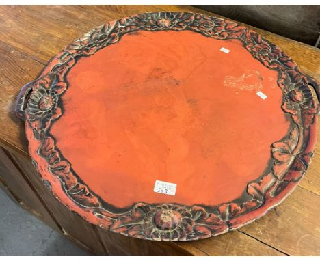 Collection of furnishing items to include: Edwardian mahogany coal scuttle, lacquered two handled foliate tray, modern leathe