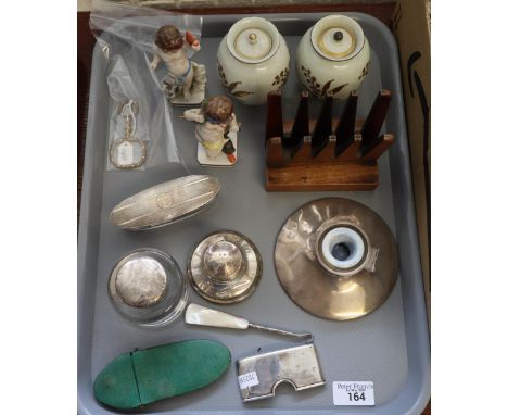 Tray of oddments to include: a pair of Royal Copenhagen Danish baluster vases and covers, pair of continental porcelain cheru
