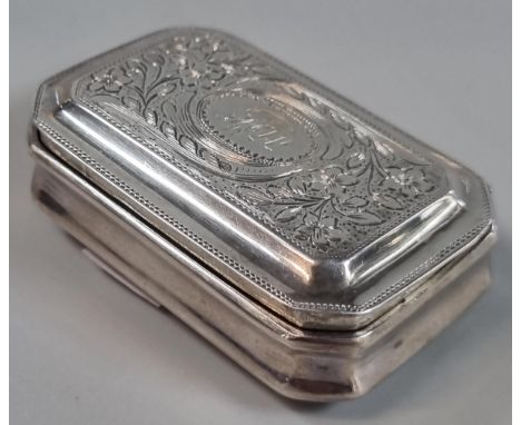 George III silver snuff box, Birmingham hallmarks 'For John Betridge, 1818'.  0.6 troy oz approx.  52mm wide approx.   (B.P. 