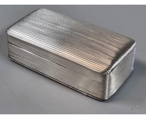 19th century, probably Dutch, ribbed silver snuff box of rectangular from with hinged cover.  1 troy oz approx.  6cm wide app