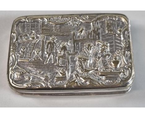 Silver plated snuff box with relief cast scenic hinged cover.  Un-marked.  72mm accross approx.   (B.P. 21% + VAT) 
