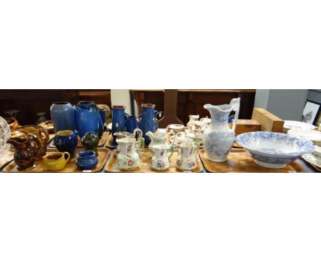 Three trays of mostly 19th Century Welsh pottery to include: floral hand painted Dillwyn Swansea graduated dresser jugs, gree
