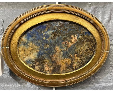 19th century Italian School, study of Diana The Huntress with cherubs. Oils on ceramic. Oval 10x14cm approx. Framed. (B.P. 21