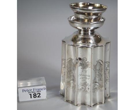 Continental white metal canister/flask, the body with engraved floral and foliate decoration, marks to the underside E12.  3 