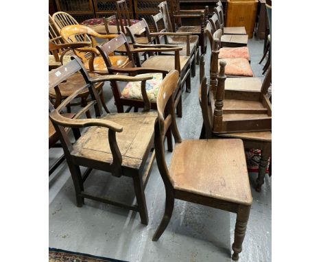 Collection of mainly 19th century oak farmhouse bar back and carver chairs, camel back, bobbin and rail back designs.  (13)  