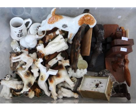Box of dog themed items to include: ceramic figures; Bolingate products, Border Fine Arts, Wade spoon rests etc, carriage clo