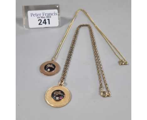 One unusual 10K gold circular pendant with Pegasus horse, ruby and diamonds, and another pendant, together with one 8ct gold 
