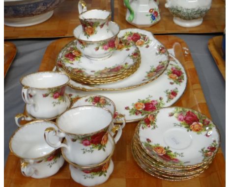 Tray of Royal Albert 'Old Country Roses' design items to include: coffee cups and saucers, milk jug, sugar bowl, plates, serv