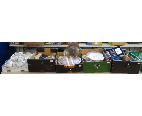Five crates of assorted items, mostly china to include: various teaware; Royal Stafford, Royal Doulton 'Carmel', Johnson Bros
