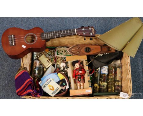 Wicker basket comprising various jewellery, Masonic sash, Pedigree Authentic Scottish Doll, wooden ship light with shade, tig