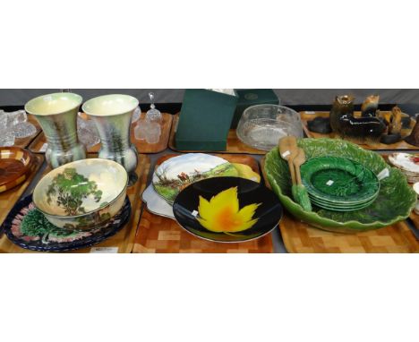 Three trays of china to include: Majolica green cabbage and other plates, Portuguese Majolica large centre bowl, salad tongs,