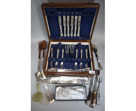 Collection of silver, silver plated and other flatware, some wooden, some with horn decoration, Brandy and Wine silver decant