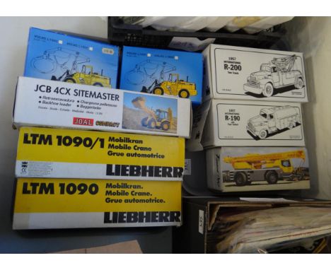 Two trays Liebherr First Gear 1:34 scale etc. diecast model vehicles to include 1957 International Tow Truck, JCB Joal Compac