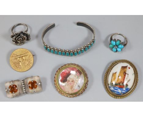 Collection of jewellery to include: R. Lalique Spes Mihi brooch, other French brooches, dress rings, turquoise stone and whit