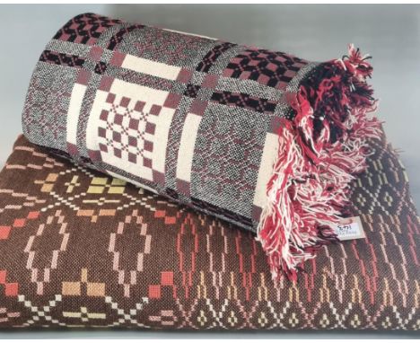 Two vintage woollen Welsh tapestry blankets with geometric designs and fringed edges. (2)(B.P. 21% + VAT) 