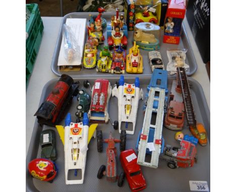 Two trays of mainly playworn diecast model vehicles to include: Corgi Toys Popeye Paddle Wagon, Magic Roundabout, The Beatles