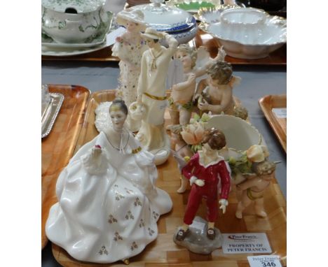 Tray of china to include: various figurines; Royal Worcester 'The Parakeet' 3087, Royal Doulton 'Ellen' HN3819 and 'My Love' 