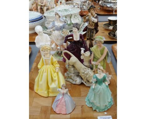 Tray of china and pottery figurines to include: various Coalport figurines; Valentine Debutante 'Forever Yours', Minuettes 'J