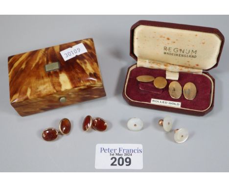 Cased pair of Art Deco engine turned oval rolled gold cufflinks together with a 19th century tortoiseshell box/casket with ot