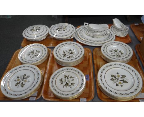 Five trays of Royal Worcester 'Bernina' design dinnerware to include: various plates, bowls, lidded tureens, sauceboats on st