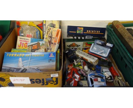 Two boxes of toys to include: Waddington's Jig Map, Airfix and similar model kits, diecast model vehicles, the Corgi Collecti