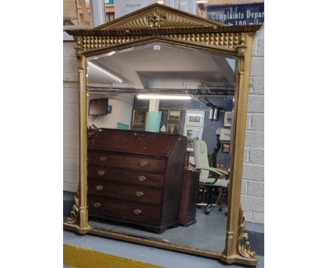 Large 19th century gilt framed over painted over-mantel mirror, of architectural design with bevelled plate. 132x160cm approx