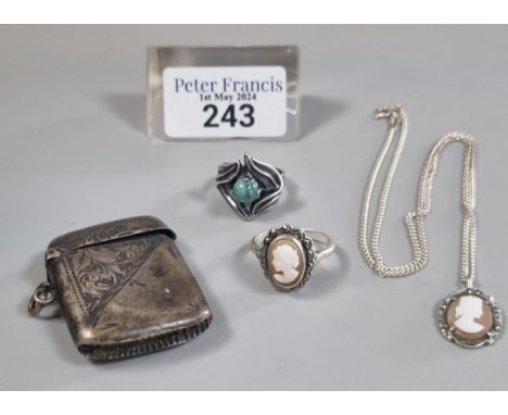 Silver cameo portrait pendant and chain together with a silver cameo ring, another Art Nouveau design and turquoise stone rin