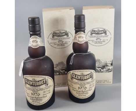 Two bottles of 'The Glenturret' pure single Highland Scotch Whisky.  1976.  58.7% vol. 102.8 proof.  Both in original card bo