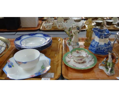 Tray of china to include: continental porcelain vase with figural detail, Dresden reclining figure with a cockerel,  Copeland