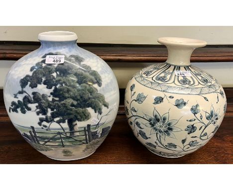 Large Royal Copenhagen Danish porcelain vase by Harald Henriksen, overall decorated with tree and a gate in a landscape.  34c