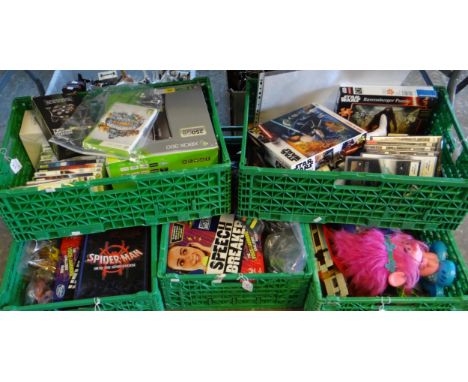Four crates of toys, Star Wars memorabilia and games  to include: Corgi Car transporters, Lego Star Wars watch, Spiderman mem