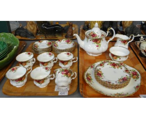 Two trays of Royal Albert 'Old Country Roses' design teaware to include: teacups and saucers, teapot, milk jug, sugar bowl, s