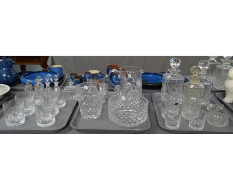 Three trays of glassware to include: cut glass decanters, pitcher, Thomas Webb and other whisky tumblers, candle holder, mini