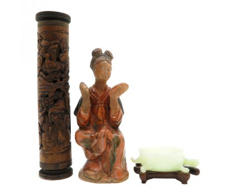 Including sculpture, carved wood, and jade turtle on wood base, sculpture is 30 cm. tall, chip on turtle tail.