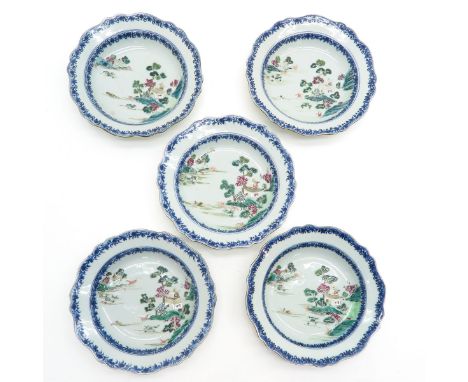 Blue decor on rim of plates with polychrome landscape decor with gardens, 23 cm. in diameter, some with chip and hairline.