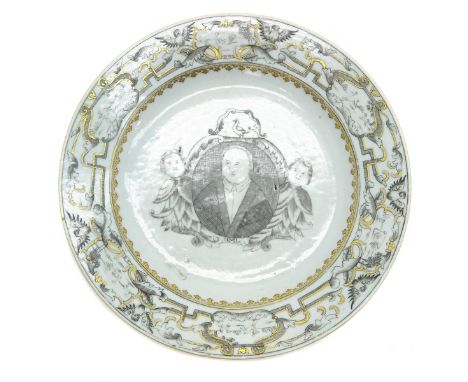 Black and gold decor, depicting portrait in center, border with birds and scenes of animals, marked on back, 23 cm. in diamet
