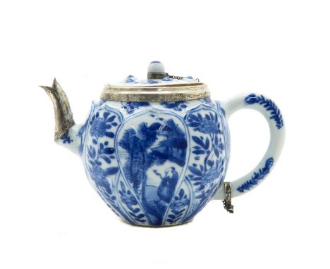 Kangxi, blue and white decor with alternating patterns, silver trimming, marked with leaf on the bottom.