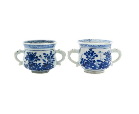 Kangxi, blue and white decor, 6 cm. tall, one with restoration on edge, one with restored chip and hairline.