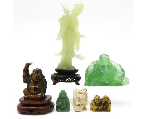 6 pieces, Including carved jade items and netsukes, tallest is 20 cm., large Buddha has damage to back.
