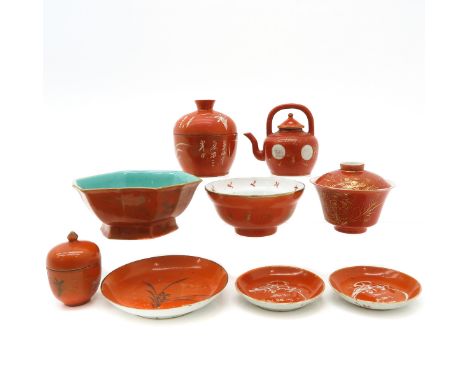 10 pieces, orange decor, Including altar dish, cups, bowls, lidded jars, and teapot, altar dish is 17 x 15 x 7 cm., in divers