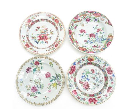 Famille Rose decor, including 3 plates and 1 bowl, largest is 23 cm. in diameter, some with chip and hairline.