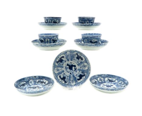18th Century, including 7 saucers and 4 cups, blue and white decor, saucers are 11 cm. in diameter, in diverse conditions.