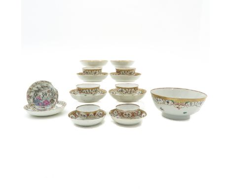 Including 10 small plates and 6 cups and 1 bowl, largest is 18 cm. in diameter, some with hairline and chip.