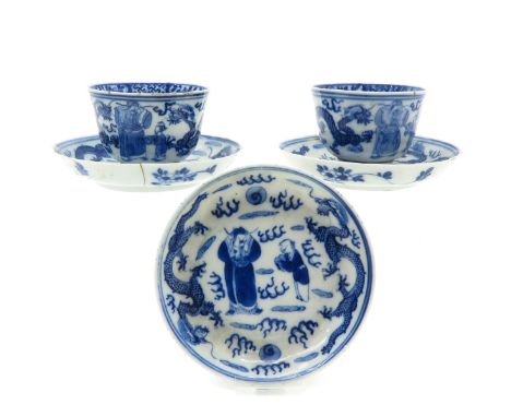 Blue and white decor depicting Chinese men and dragons and clouds, 3 saucers and 2 cups, saucers are 13 cm. in diameter, in d
