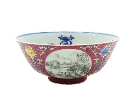 Ruby background with sgraffito technique, alternating scenes of landscapes, marked with seal mark on the bottom, 15 cm. in di